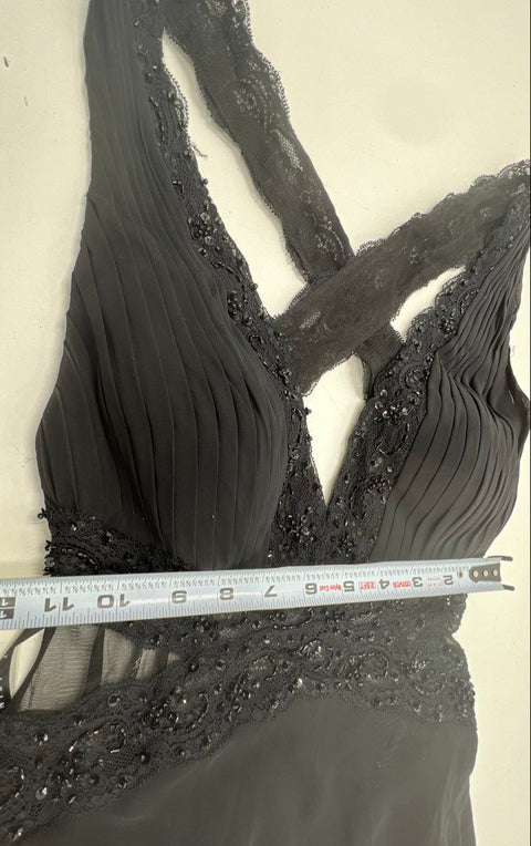 Vintage Y2K Niki Livas Women's Black Beaded Lace Cut-Out Formal Gown Dress
