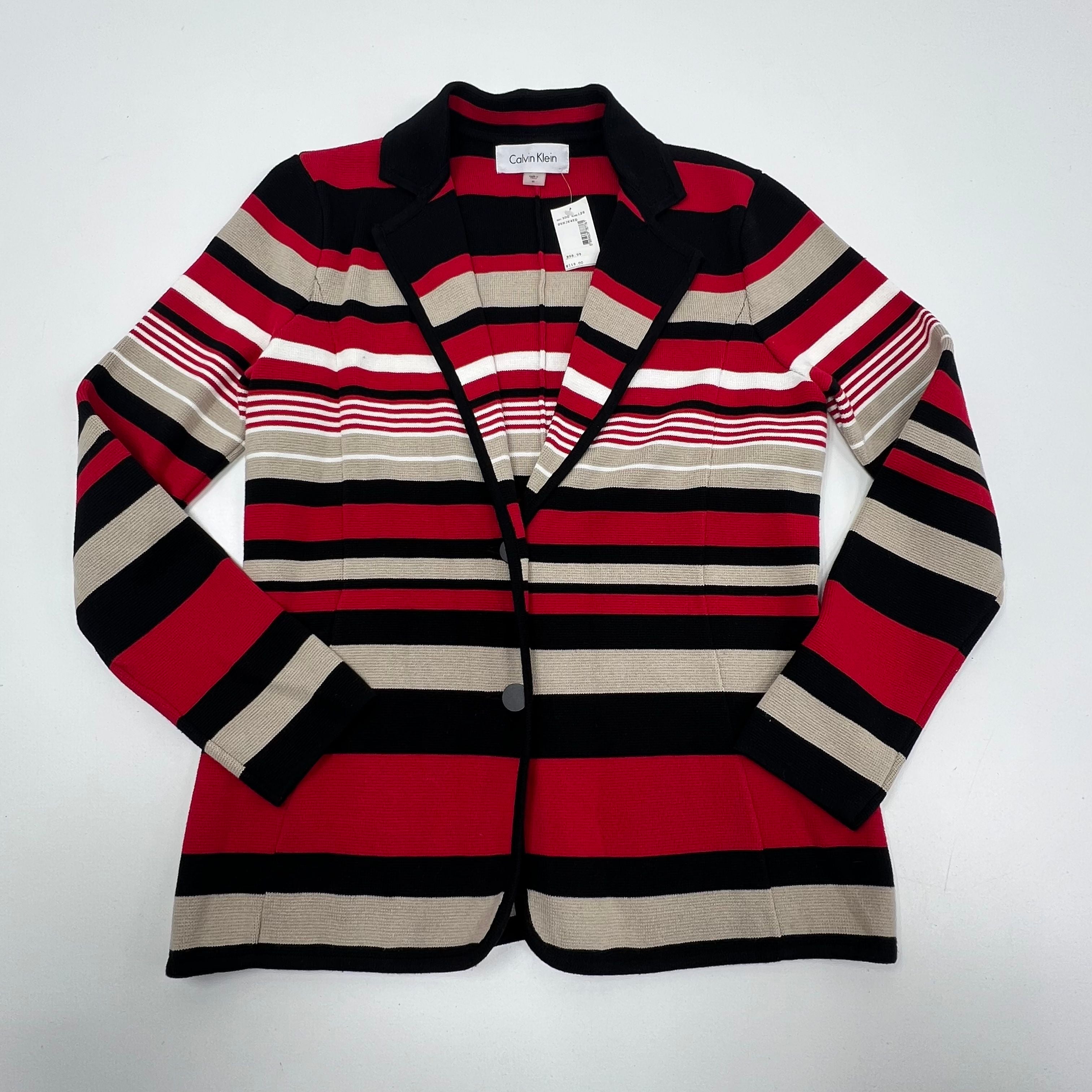 NWT Calvin Klein Red Black Tan Striped Knit Cardigan Blazer Medium $119