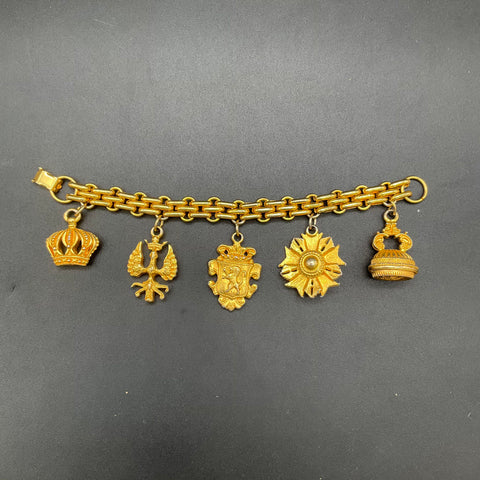Vintage Heraldic Gold Tone Chunky Charm Bracelet Crown Lion Eagle 8"