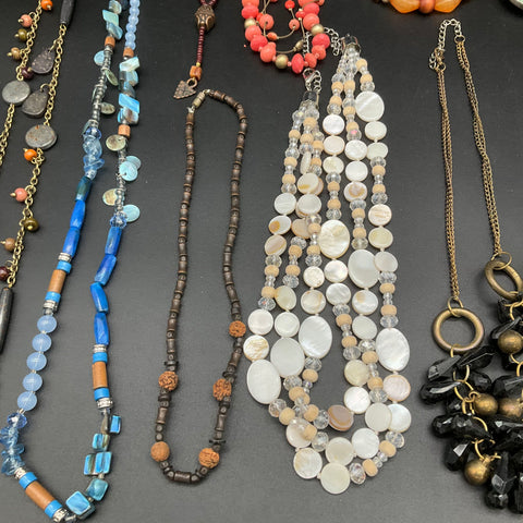 Vintage to Modern Costume Jewelry Lot 12 Necklaces Beaded Shell Statement Boho