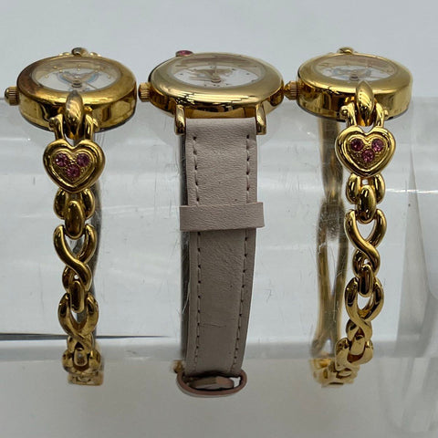 Vintage Precious Moments Gold Tone Watch Lot of 3 Pink Rhinestone Heart Leather