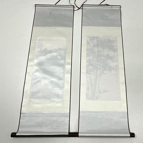 Grace Art Lot of 2 Silk Hanging Scrolls Landscape & Bamboo 32.5" Signed Art
