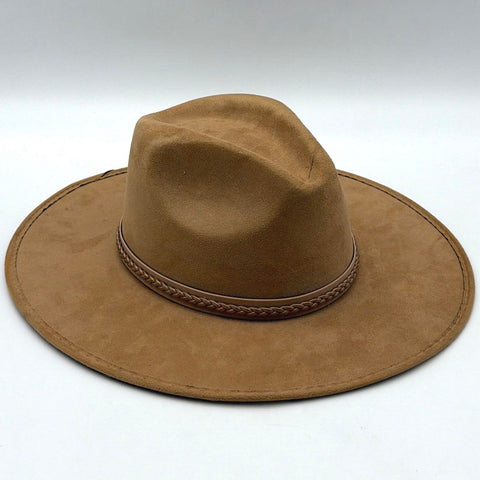 ASN Tan Faux Suede Wide Brim Fedora Hat Paisley Lining Braided Band Sz M