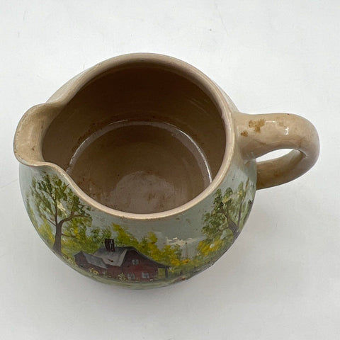 Deretha Ames Hand Painted Pottery Pitcher Landscape Red House Scenic Vintage