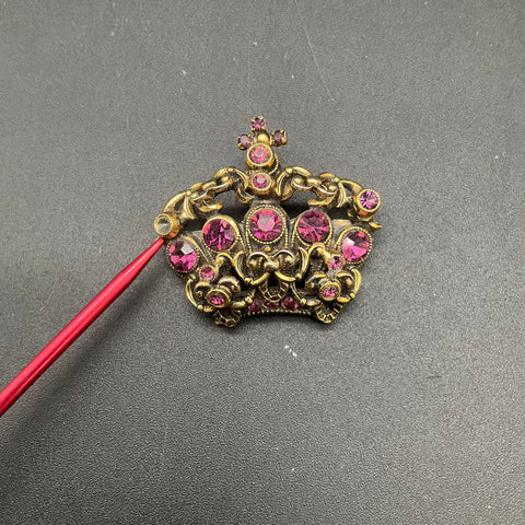Vintage Crown Brooch Lot of 3 Rhinestone Faux Pearl Gold Silver Tone Costume