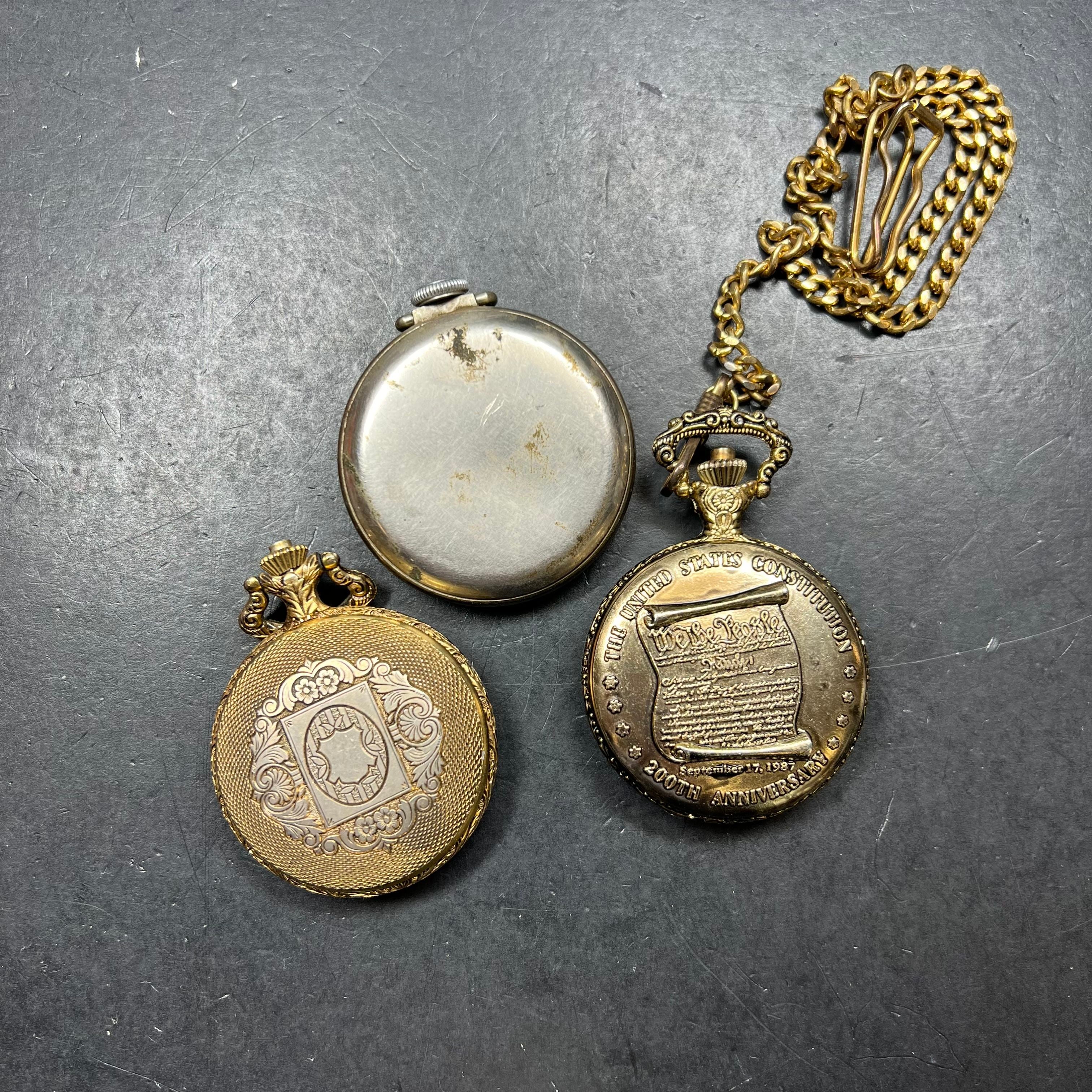 Lot of 3 Gold Tone Pocket Watches Fair Condition for Prop Repair Parts