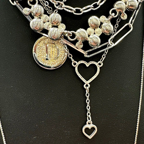 Fashion Costume Jewelry Lot 7 Necklaces Silver Gold Tone Initial D Heart Charms
