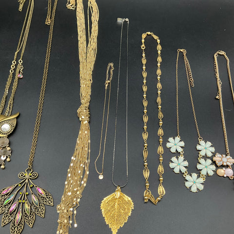 Mixed Costume Jewelry Lot of 12 Necklaces Gold Tone Vintage Style Owl Leaf Bib