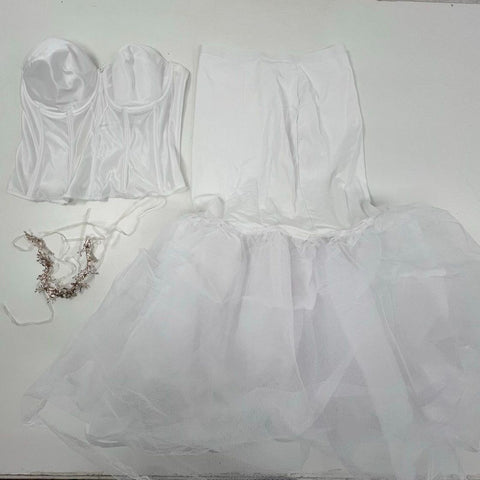 Dominique Women's Bridal Lot Corset 42DD/E Trumpet Slip L Hair Vine White