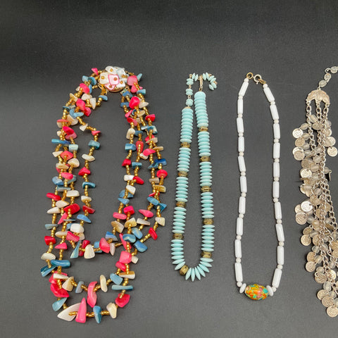 Vintage Costume Jewelry Lot 7 Necklaces Faux Pearl Beaded Coin Butterfly