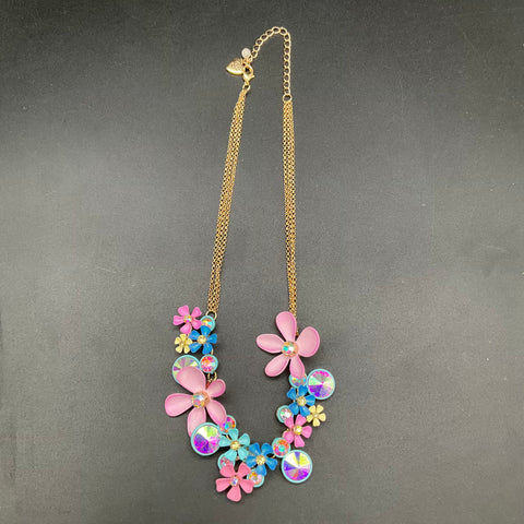 Betsey Johnson Gold Tone Colorful Floral Enamel Crystal Statement Necklace