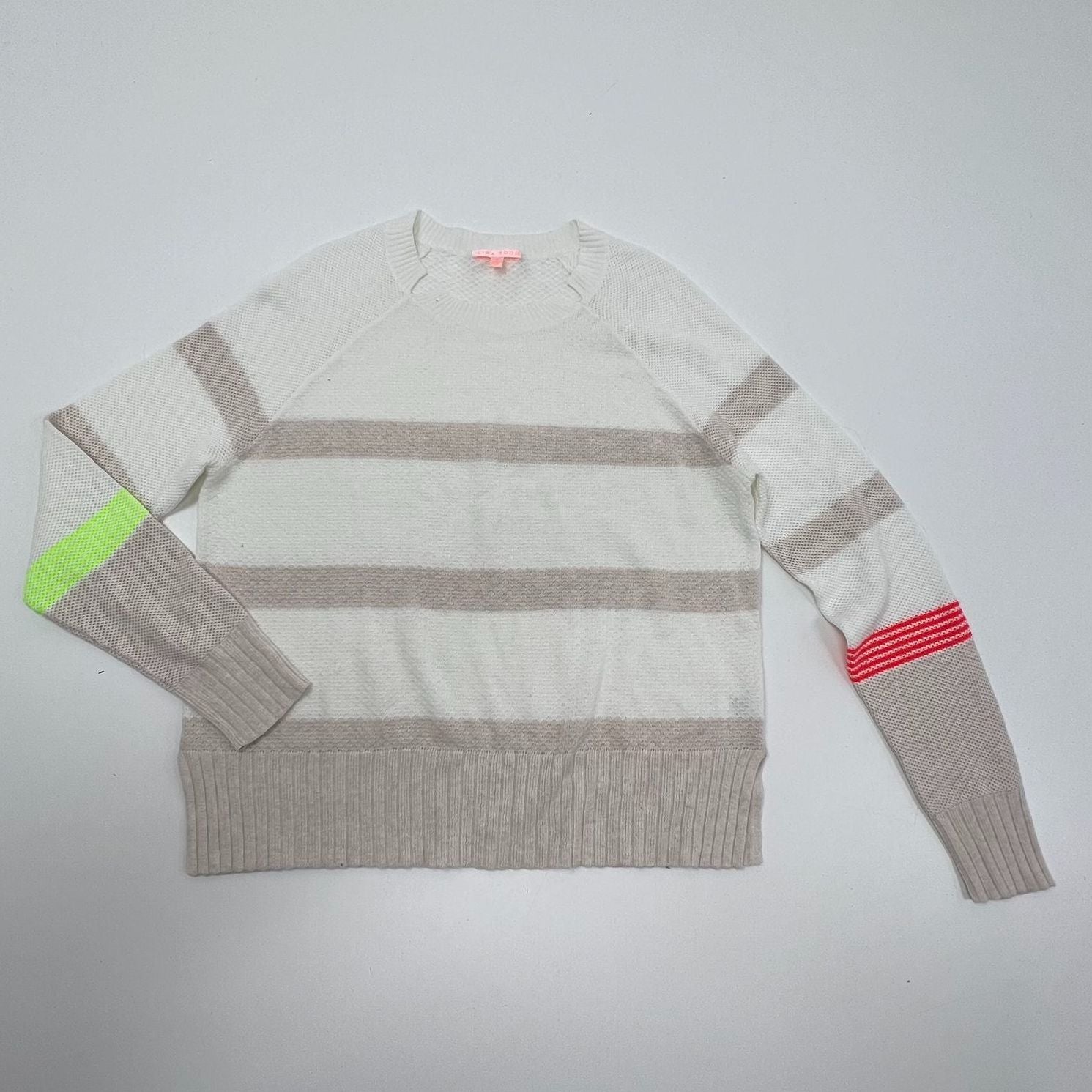 Lisa Todd White Tan Stripe Neon Waffle Knit Cotton Linen Sweater Womens S