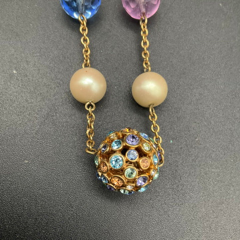 Carolee Gold Tone Faux Pearl Multi-Color Rhinestone Pave Ball Necklace 18"