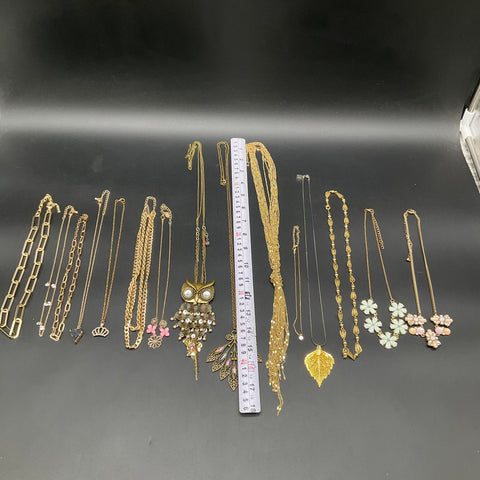 Mixed Costume Jewelry Lot of 12 Necklaces Gold Tone Vintage Style Owl Leaf Bib