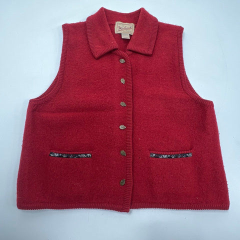 Vintage 90s Woolrich Women's Red Boiled Wool Leaf Button Sweater Vest Size M