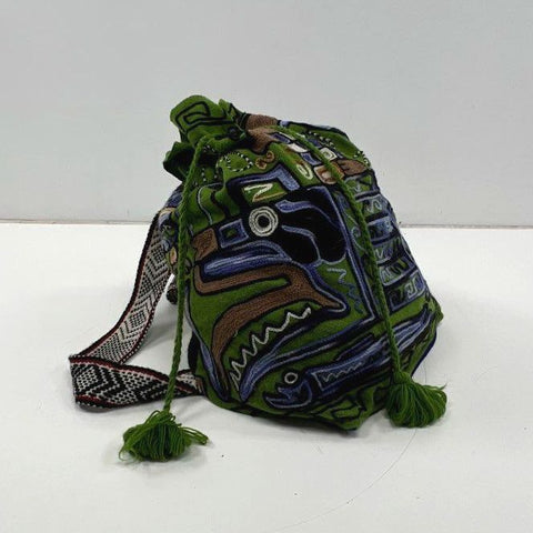 Vintage Green Embroidered Motif Oversized Drawstring Bucket Backpack Bag