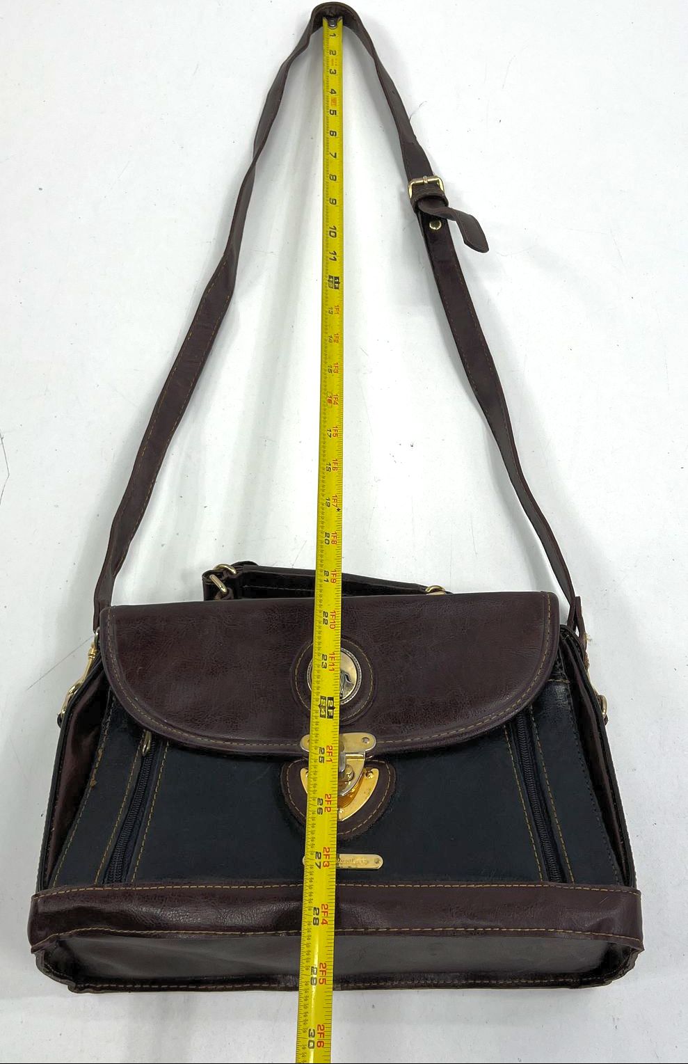 Vintage 80s Polo Player Logo Brown Black Satchel Crossbody Bag Gold Hardware