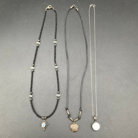 Sterling Silver 925 Boho Necklace Lot of 3 Mother of Pearl Moonstone Pendants