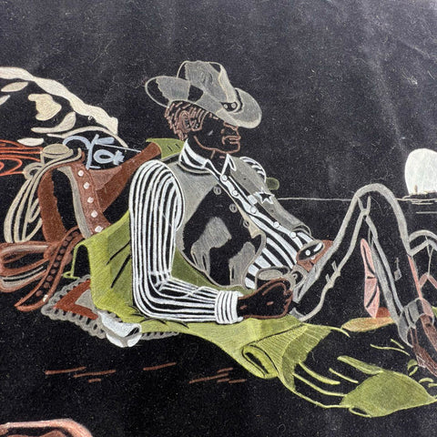Lot 2 Vtg Unfinished Felt Velvet Art Black Americana Cowboy & Camel Desert Scene