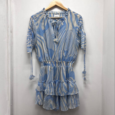 Misa Los Angeles Women's Blue White Zebra Print Ruffle Mini Dress Tassel Sz S
