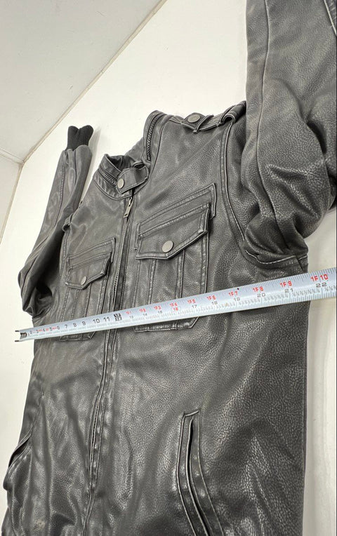 Structure Men's Black Faux Leather Bomber Jacket Sherpa Lined Full Zip Sz S