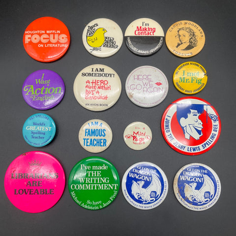 Vintage Pinback Button Lot 16 pcs Book Promo Teacher Librarian Reading Pins