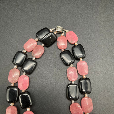 Double Strand Rhodonite Onyx Stone Pearl Carved Flower Statement Necklace