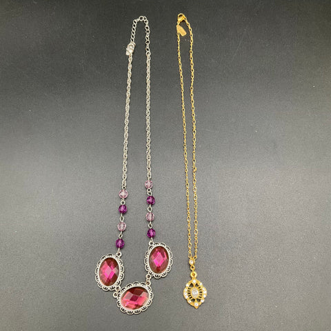 1928 Jewelry Lot of 2 Necklaces Gold Silver Tone Rhinestone Purple Stone