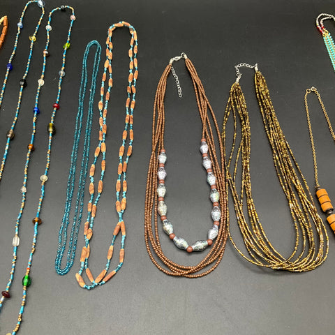 Boho Beaded Multi-Strand Tassel Necklace Jewelry Lot of 10 Wood Glass Earthy