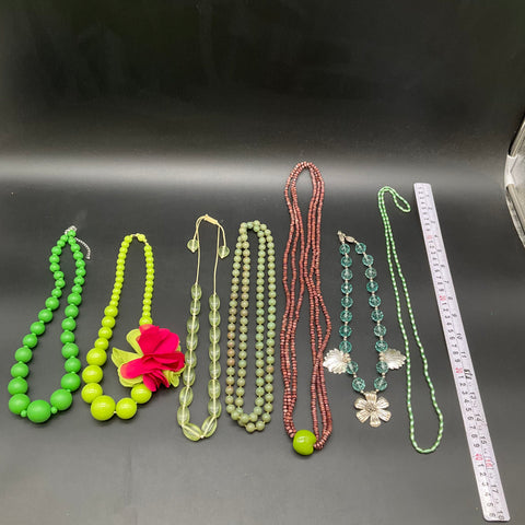 Mixed Costume Jewelry Lot 7 Fashion Necklaces Vintage to Modern Green Tones