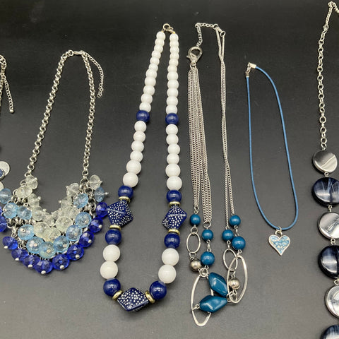 Blue and White Costume Jewelry Necklace Lot of 7 Beaded Silver Tone Boho Bib