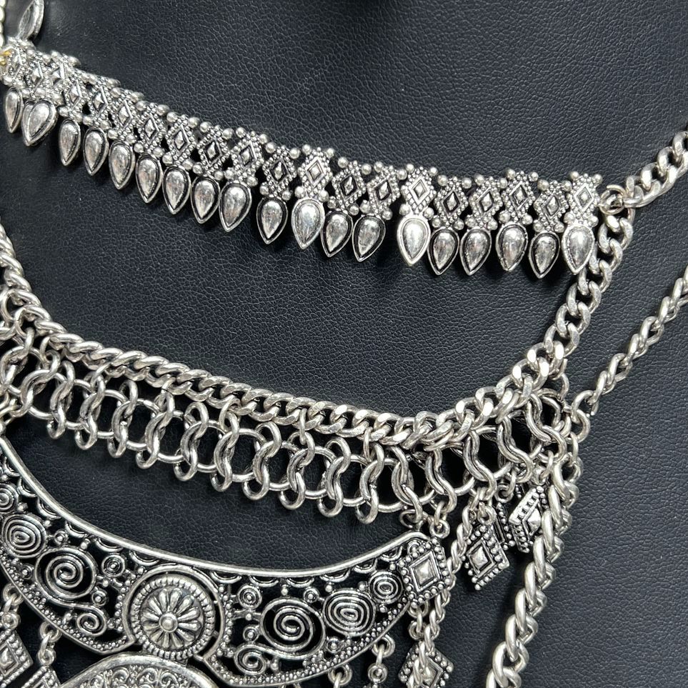 2 Silver tone Chain Faux Coin Bib Necklaces