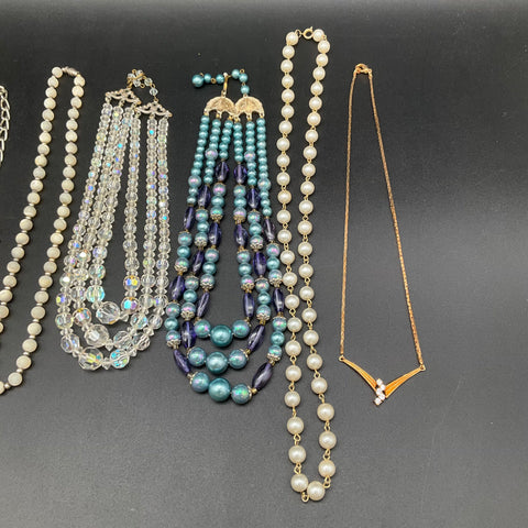 Vintage Costume Jewelry Lot 9 Necklaces Faux Pearl AB Glass Bead Gold Silver