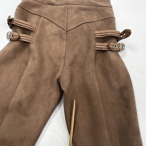 Maniere De Voir Women's Brown High Waist Multi Buckle Faux Suede Pants Sz 6
