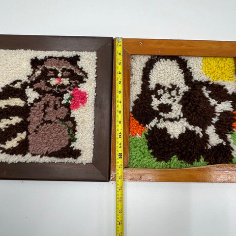 Vintage 70s Latch Hook Framed Wall Art Lot Raccoon & Panda Bear Folk Art