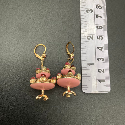 Betsey Johnson Gold Tone Pink Enamel Cupcake Stand Drop Leverback Earrings