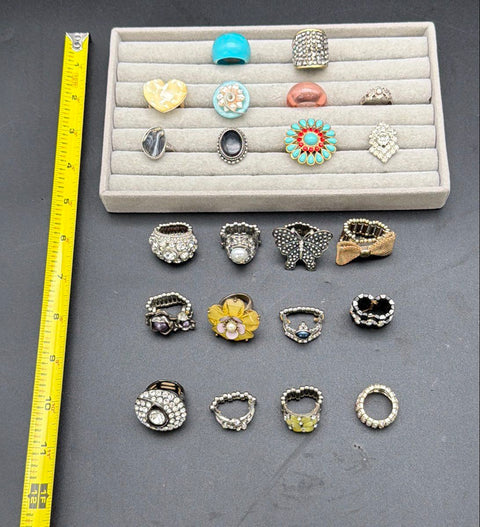Fashion Jewelry Lot of 22 Costume Statement Stretch Rings Rhinestone Resin