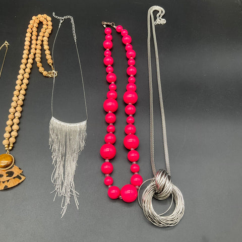 Statement & Fashion Necklace Jewelry Lot of 7 Pink Silver Tone Wood Beads