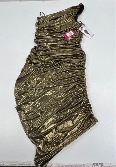 NWT Vince Camuto Gold Metallic Ruched One Shoulder Bodycon Dress Women's Size 14
