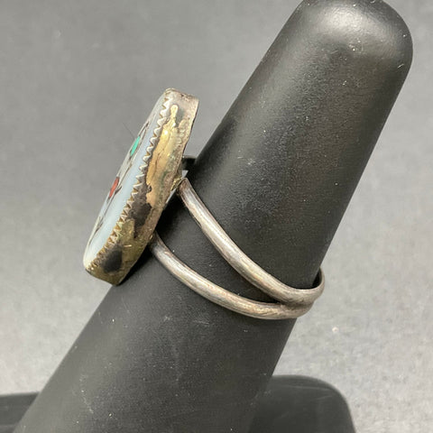 Vintage Mid-Century 900 Coin Silver Inlay Ring Mother of Pearl Turquoise Sz 5.5