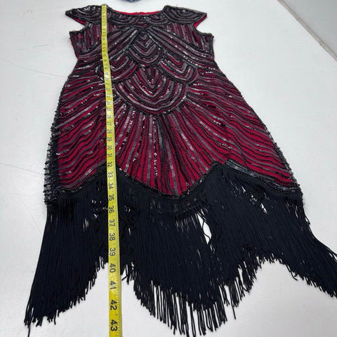 U&S Women's Burgundy Black Sequin Beaded Flapper Gatsby Fringe Dress Sz L