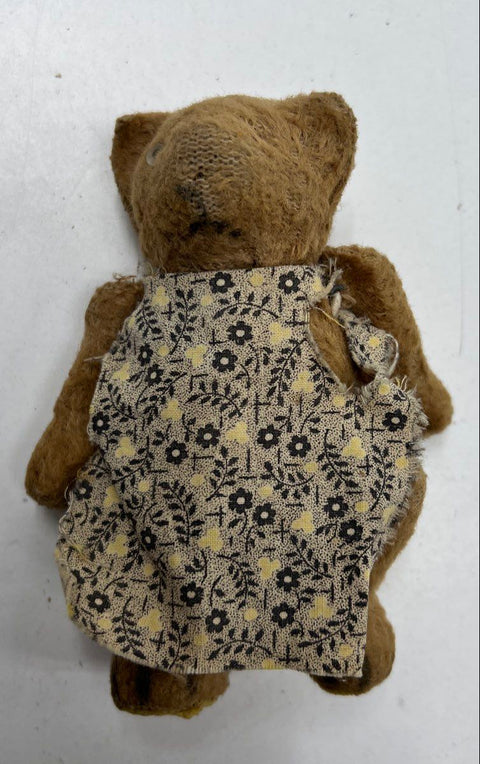Vintage Teddy Bear Brown Mohair Style 4.5 Inch Jointed With Floral Apron