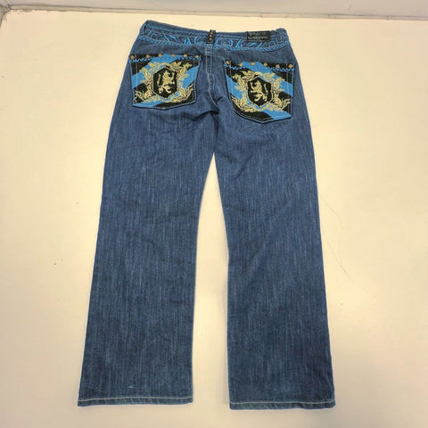 Vintage Y2K Black Carpet Blue Embroidered Crest Straight Leg Jeans Men's 36x32