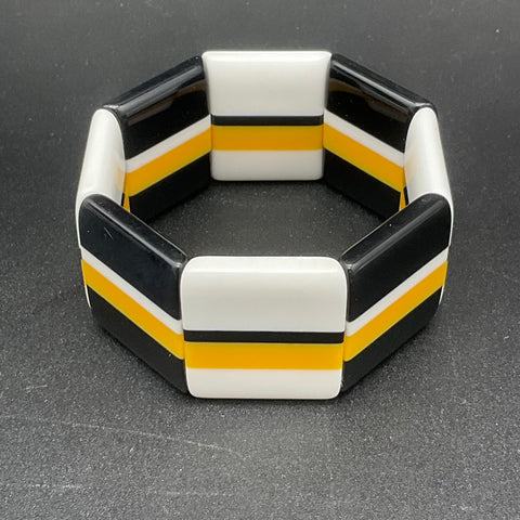 Vintage Modernist Chunky Resin Stretch Bracelet Black White Yellow Geometric