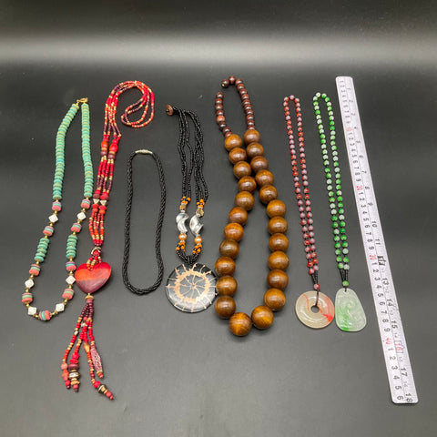 Boho Beaded Necklace Lot 7 Pieces Wood Stone Resin Pendants Multi-strand