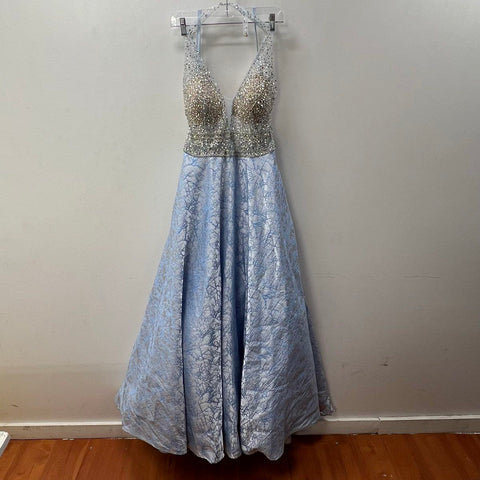 Morilee 43075 Blue Silver Beaded Bodice Halter Prom Gown Dress Women's 16