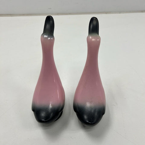 Vintage MCM Pink & Black Airbrush Ceramic Duck Goose Figurine Pair