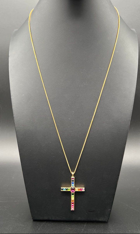 Vintage PSCO 1998 Gold Tone Rainbow Rhinestone Cross Pendant Necklace Signed