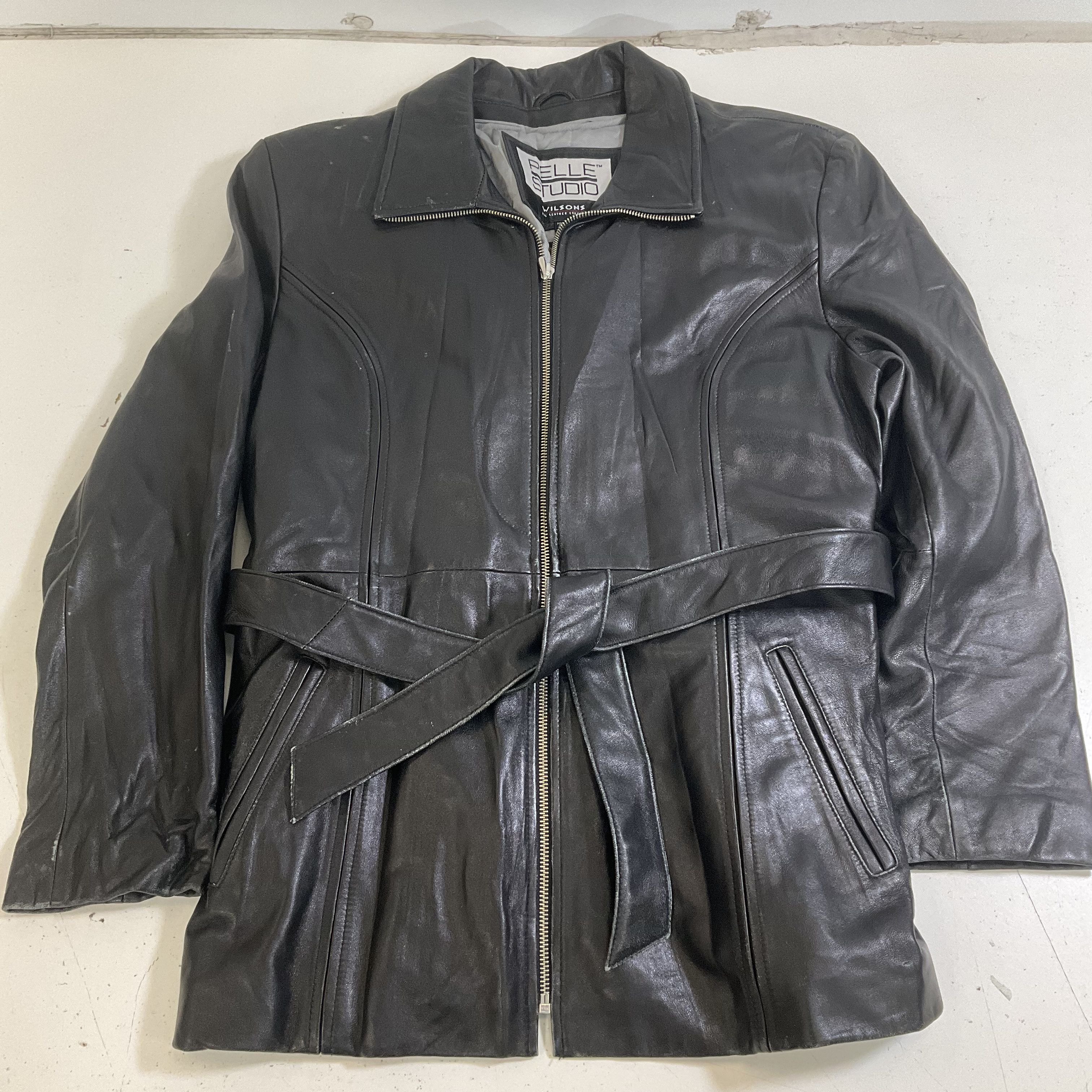 Vintage 90s Y2K Wilsons Pelle Studio Women's Leather Jacket L Belted Moto Black