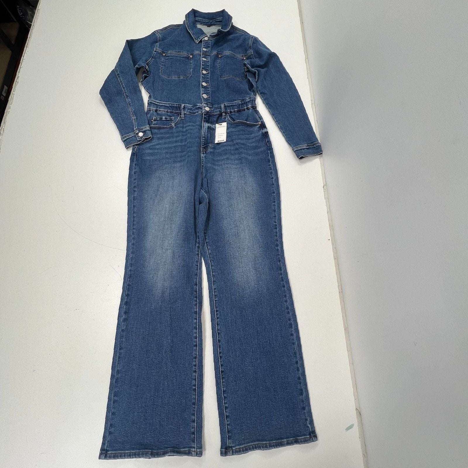Judy Blue Med Wash Blue Denim Flare Leg Long Sleeve Jumpsuit Womens 2XL NWT